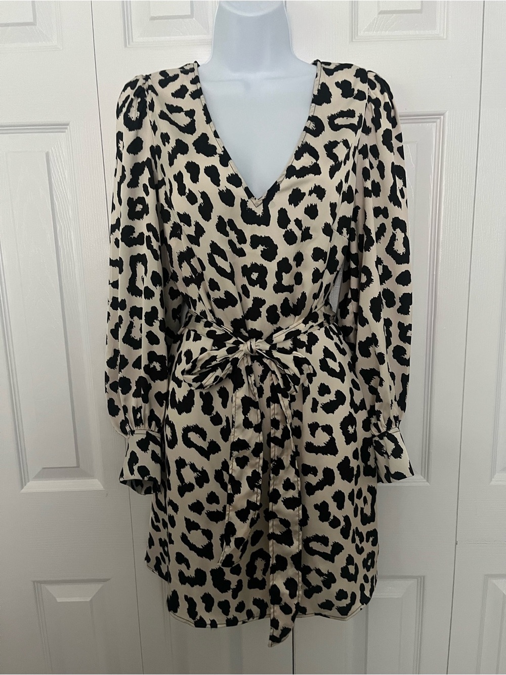 H&M Black on Cream Leopard Print V-Neck Tie-Waist Mini Dress